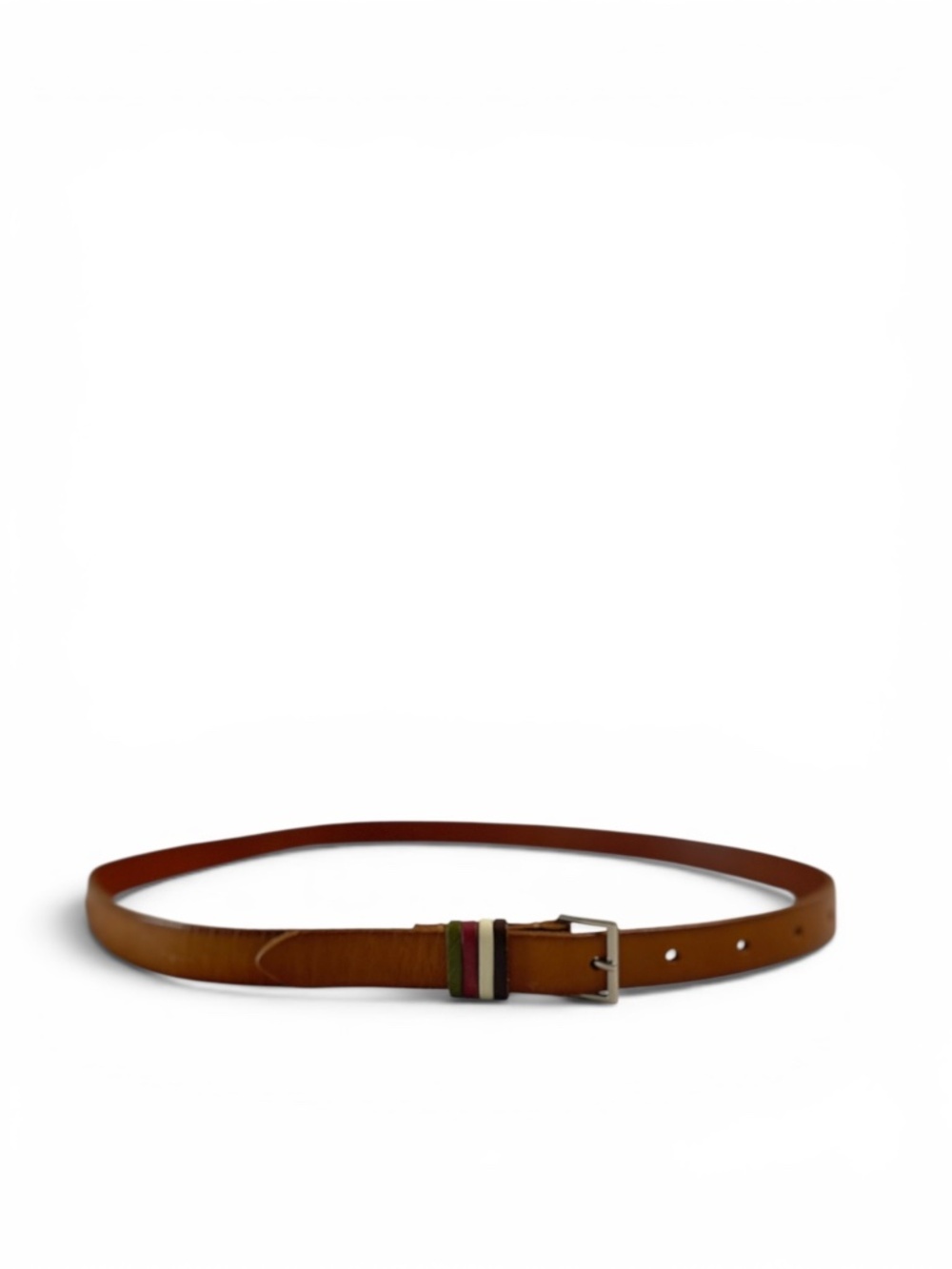 Linea Pelle Tan Leather Skinny Belt Multicolor Striped Keeper Silver-Tone Buckle